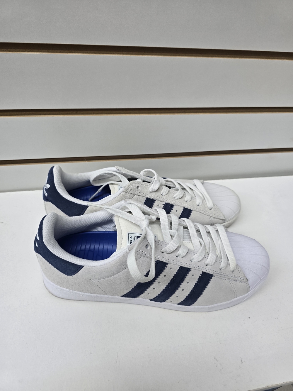 Adidas White Suede Superstar Sneakers with Navy Stripes